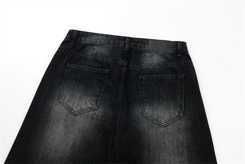 Men's Black Baggy Wide-Leg Jeans – Washed Distressed Curved Silhouette