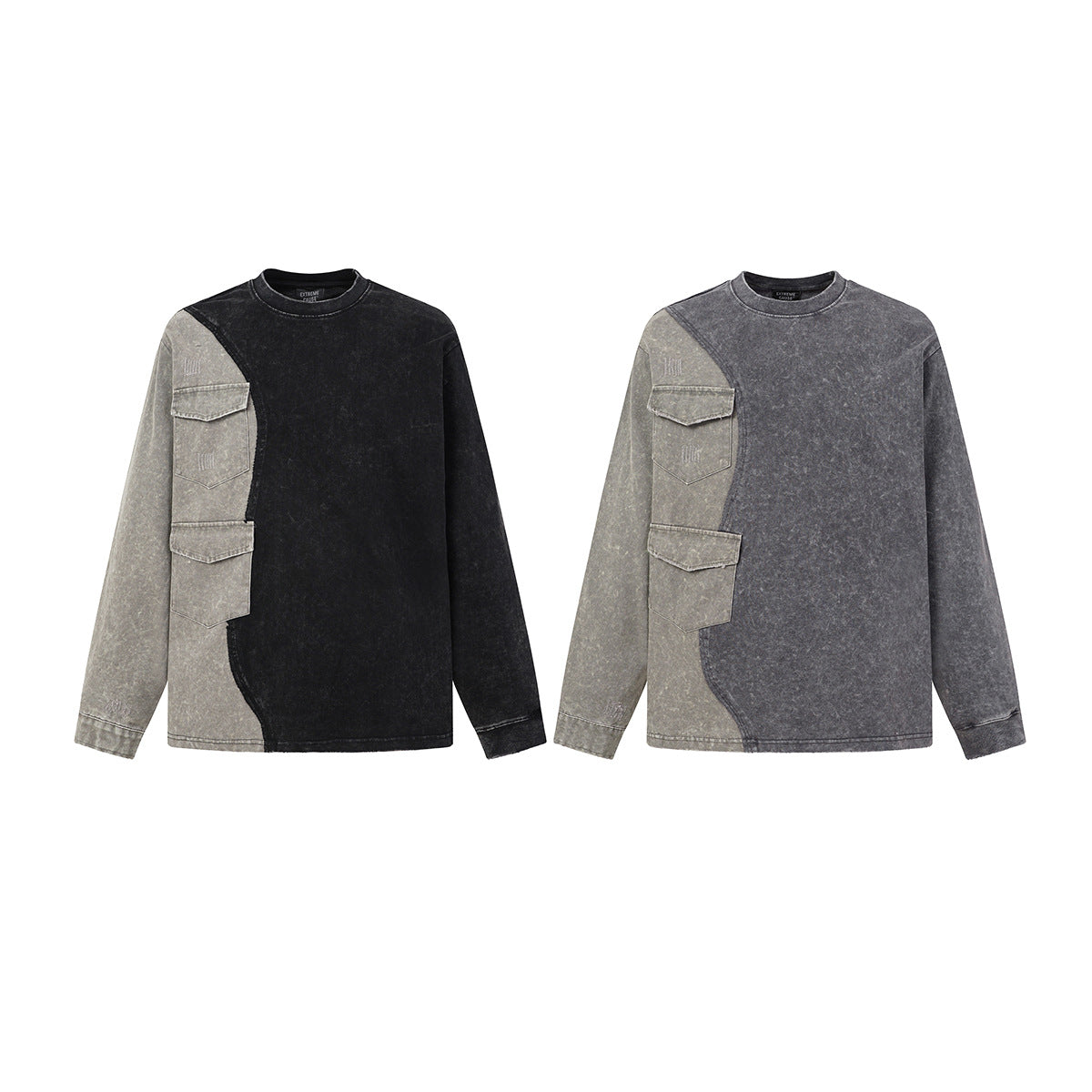 Acid Wash Colorblock Long Sleeve Sweatshirt with Cargo Pockets