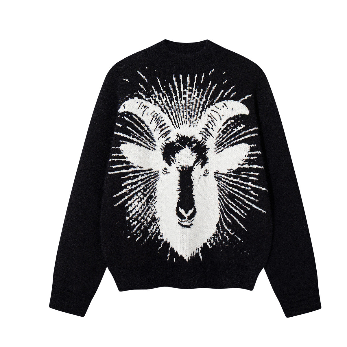 Ram Jacquard Crew Neck Knit Sweater – Oversized Streetwear Pullover