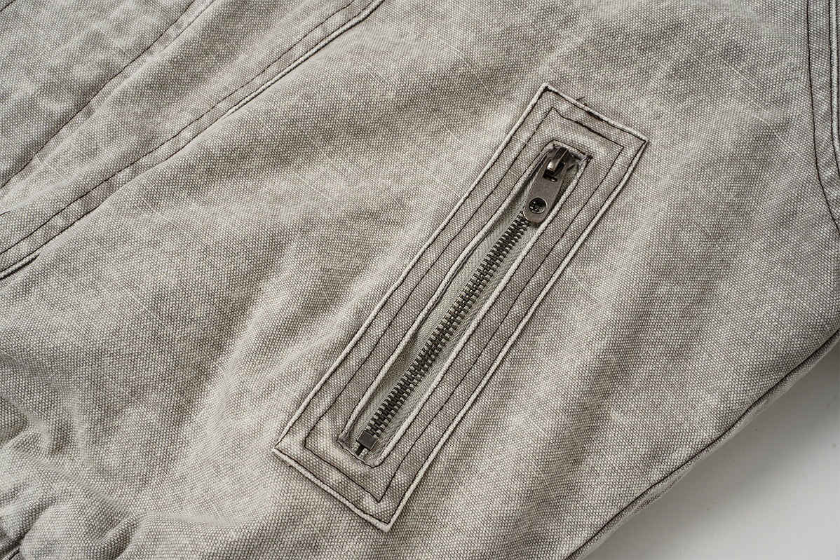 Washed Denim Padded Bomber Jacket – Deconstructed Moto-Inspired Outerwear