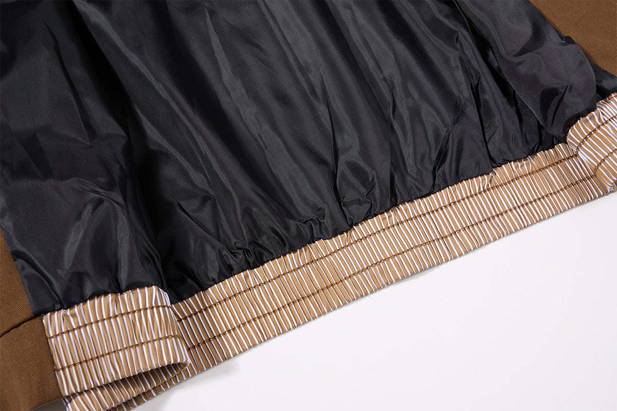 Retro Colorblock-Zip-Jacke – Bomberjacke in Braun mit gestreiftem Einsatz