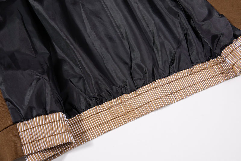 Retro Colorblock-Zip-Jacke – Bomberjacke in Braun mit gestreiftem Einsatz