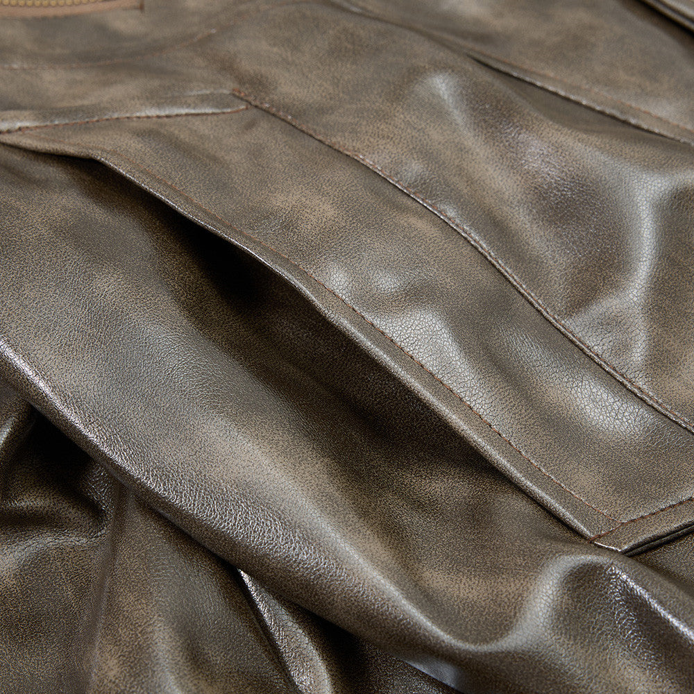 Men's Distressed Glossy PU Leather Bomber Jacket with Stand Collar & Diagonal
