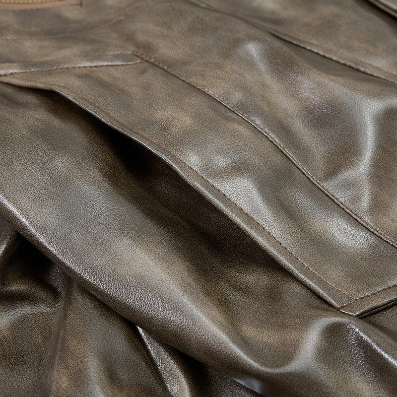 Men's Distressed Glossy PU Leather Bomber Jacket with Stand Collar & Diagonal