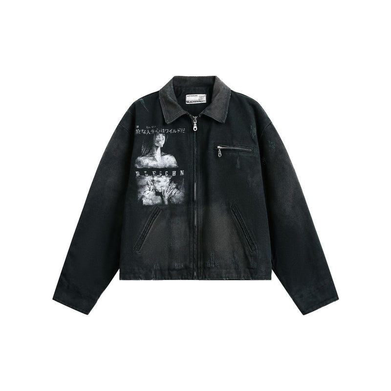 Veste workwear en toile délavée à l'acide – Imprimé graphique japonais, finition usée