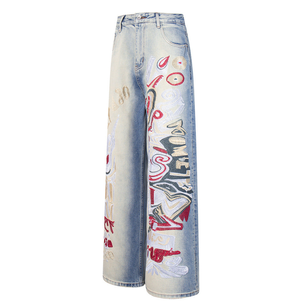 Graffiti Embroidered Wide-Leg Jeans – Punk Distressed Vintage Denim