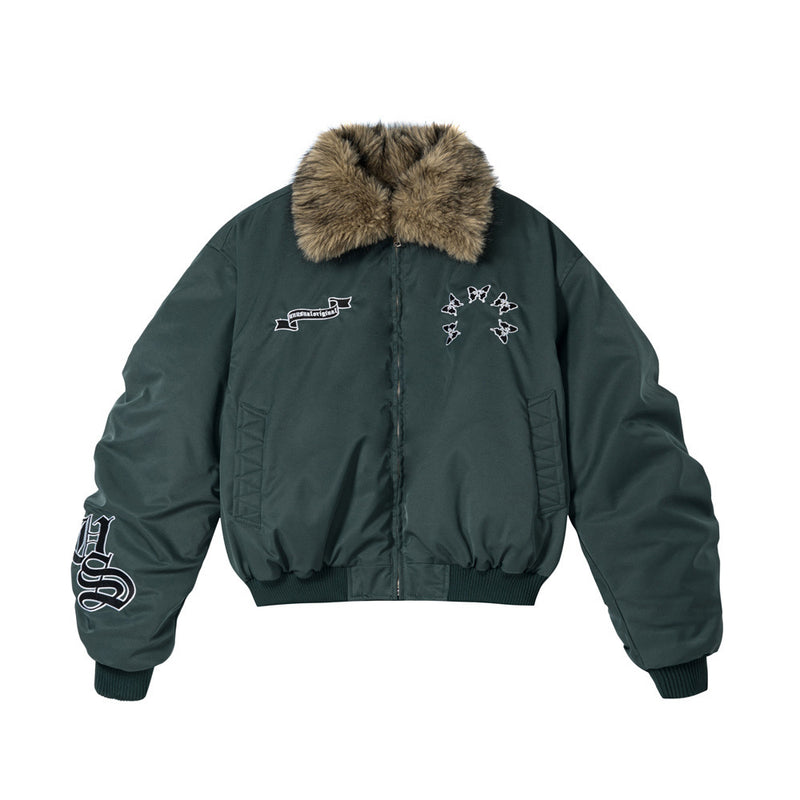 Blouson bomber homme à col en fourrure – Broderies papillons et manches froncées
