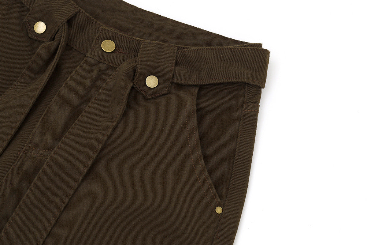Wide-Leg Barrel Pants with Belt Strap, Pleated High-Waist Washed Casual Trousers