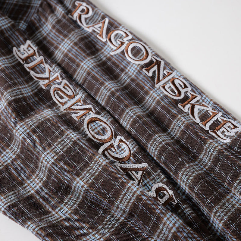 Plaid Long Sleeve Button-Up Shirt with Gothic Letter Embroidery