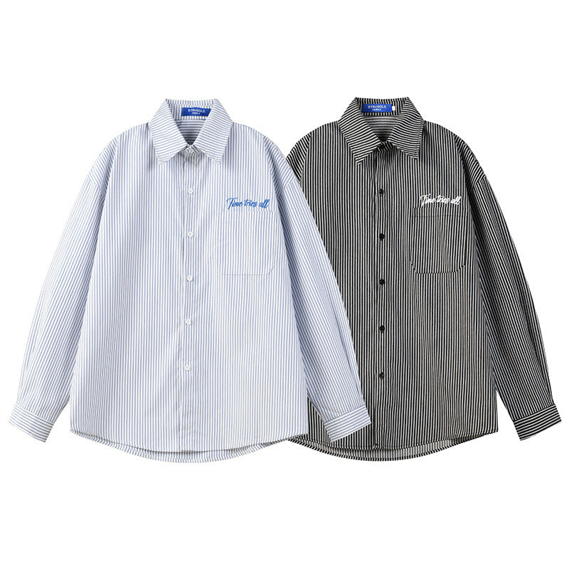Men's oversized vertical pinstripe long-sleeve shirt with embroidered 'Time Tries All' script on chest, shown in blue/white a