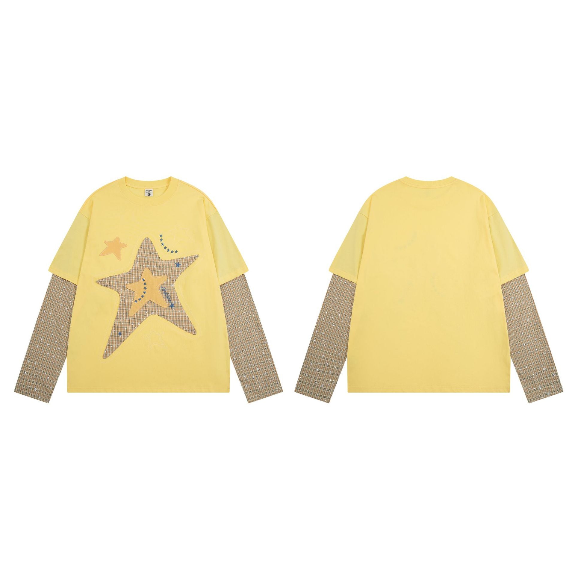 Langarmshirt mit Sternen-Applikation, Faux-Layering und karierten Kontrastärmeln