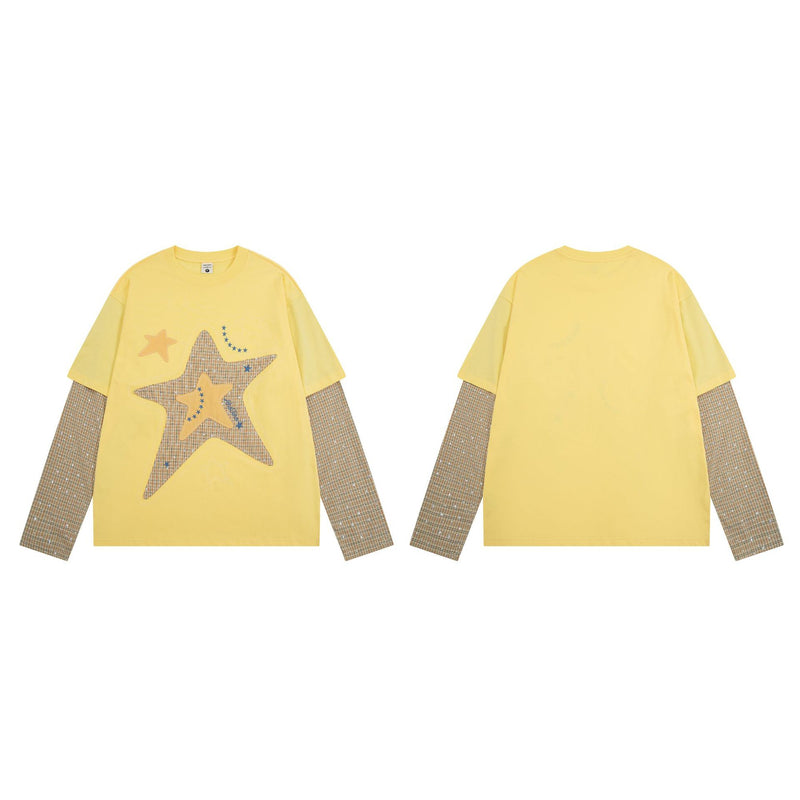 Langarmshirt mit Sternen-Applikation, Faux-Layering und karierten Kontrastärmeln