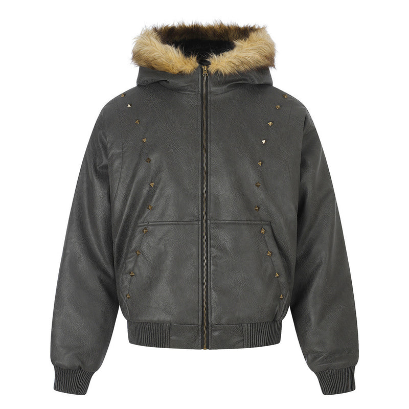 Punk Fur-Collar Studded PU Leather Hooded Bomber Jacket