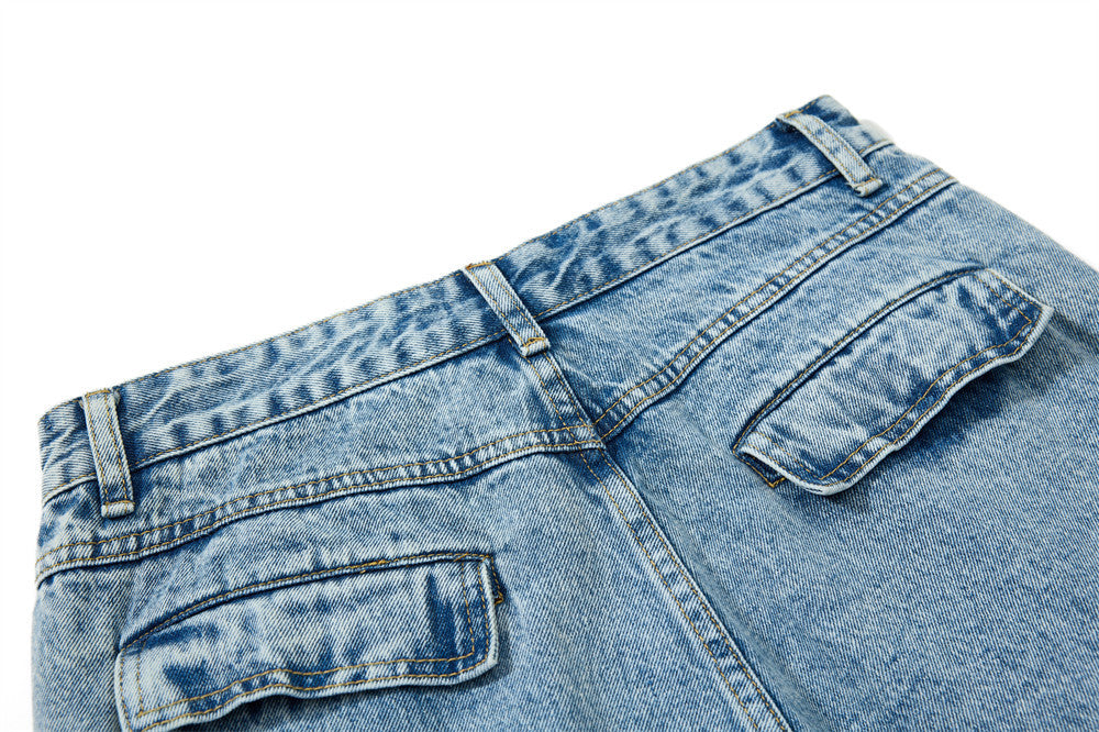 Men's Baggy Cargo Denim Jeans – Wide Leg, Multi-Pocket, Acid Wash