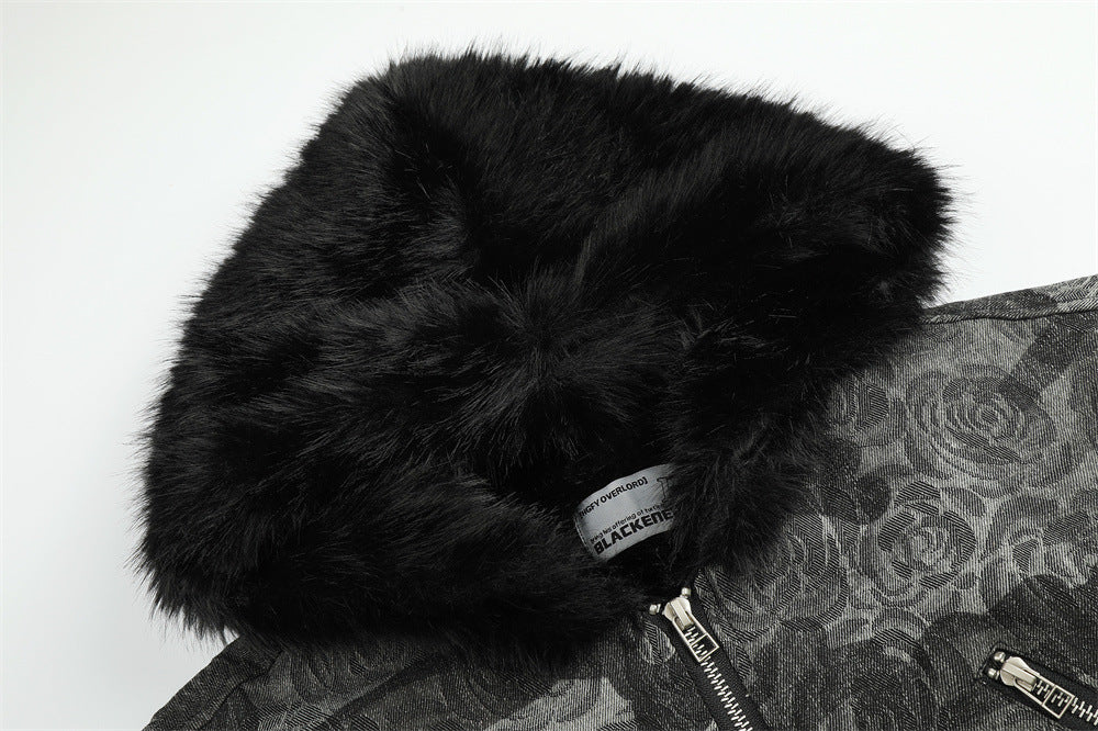 Rose Camo Bomber Jacket with Faux Fur Hood Collar and Cross Back Patch