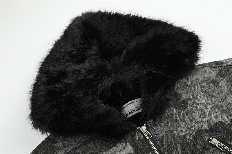 Rose Camo Bomber Jacket with Faux Fur Hood Collar and Cross Back Patch