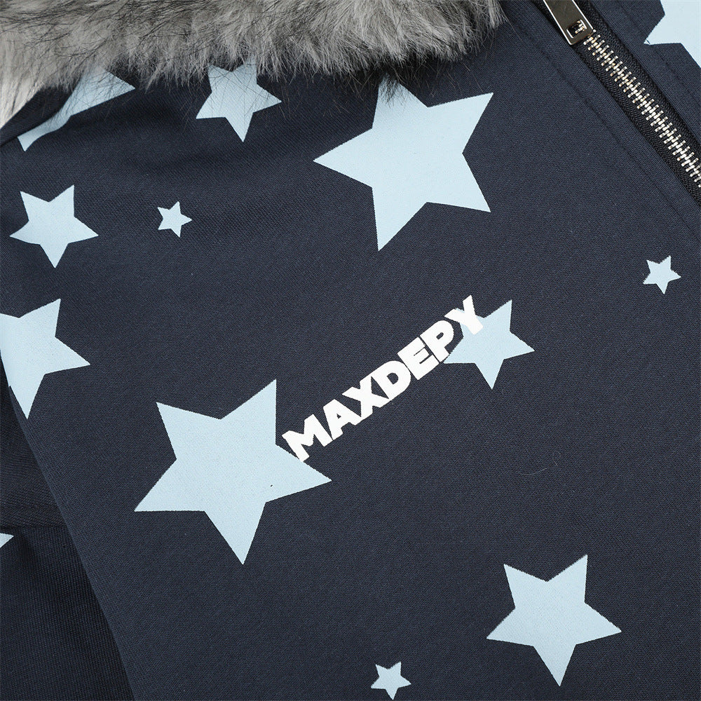 Hoodie mit Sternenprint, Reißverschluss und Kunstfellkapuze – Oversize-Streetwear-Cardigan