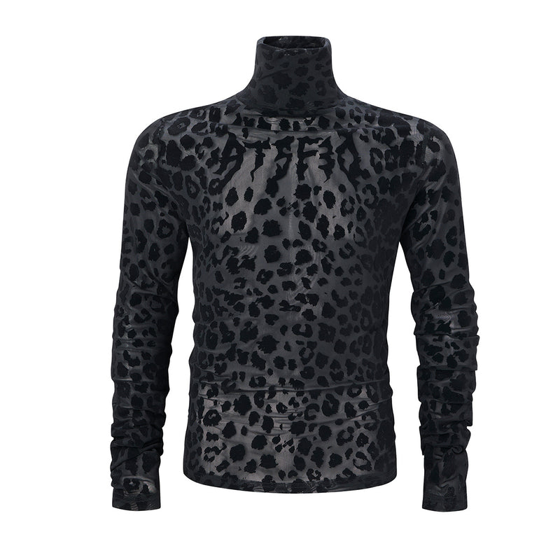 Leopard Print Turtleneck Long Sleeve Slim-Fit Shirt