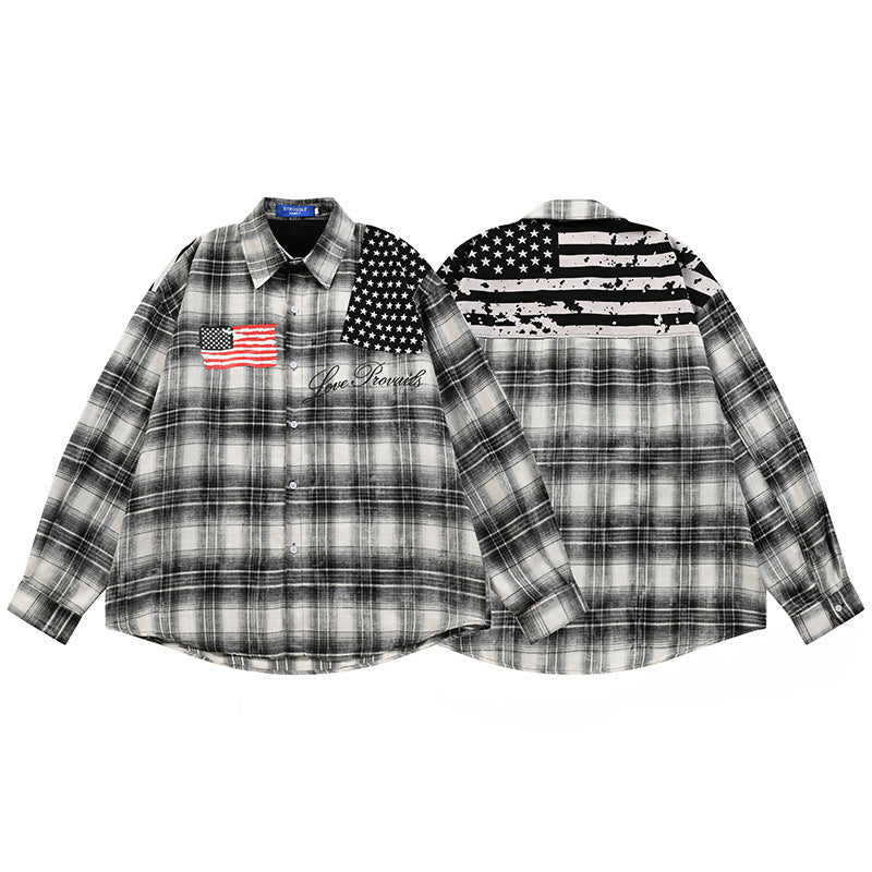Washed Plaid Long Sleeve Shirt with American Flag Patchwork – Oversized