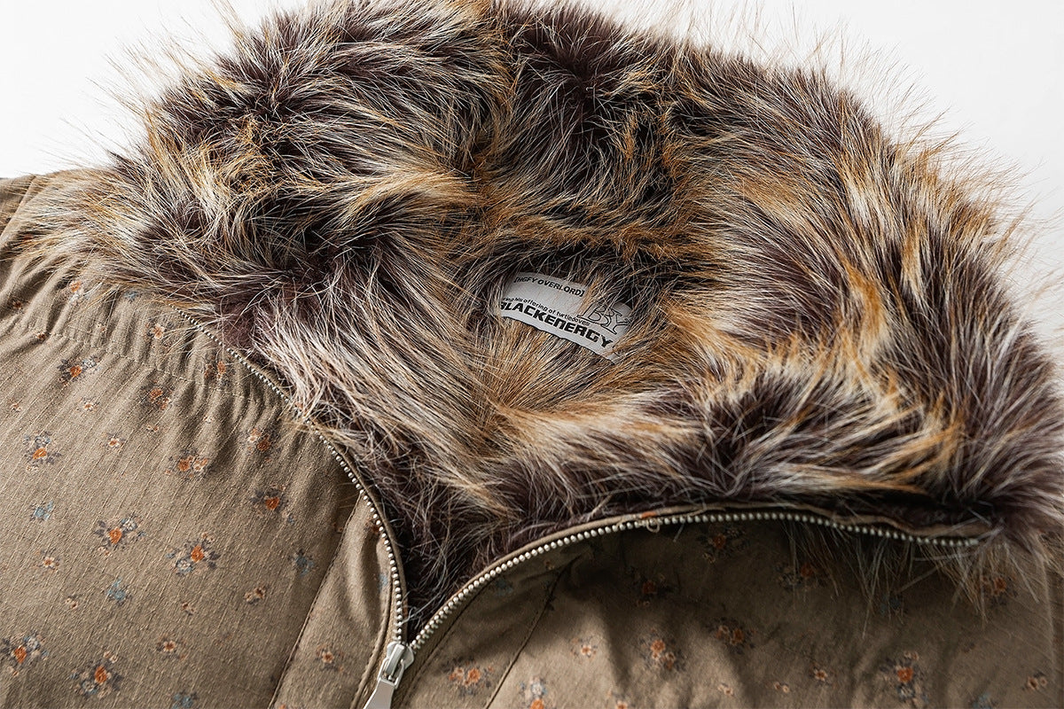Floral Print Puffer Jacket with Faux Fur Collar – Cropped Fit Men's Winter Coat