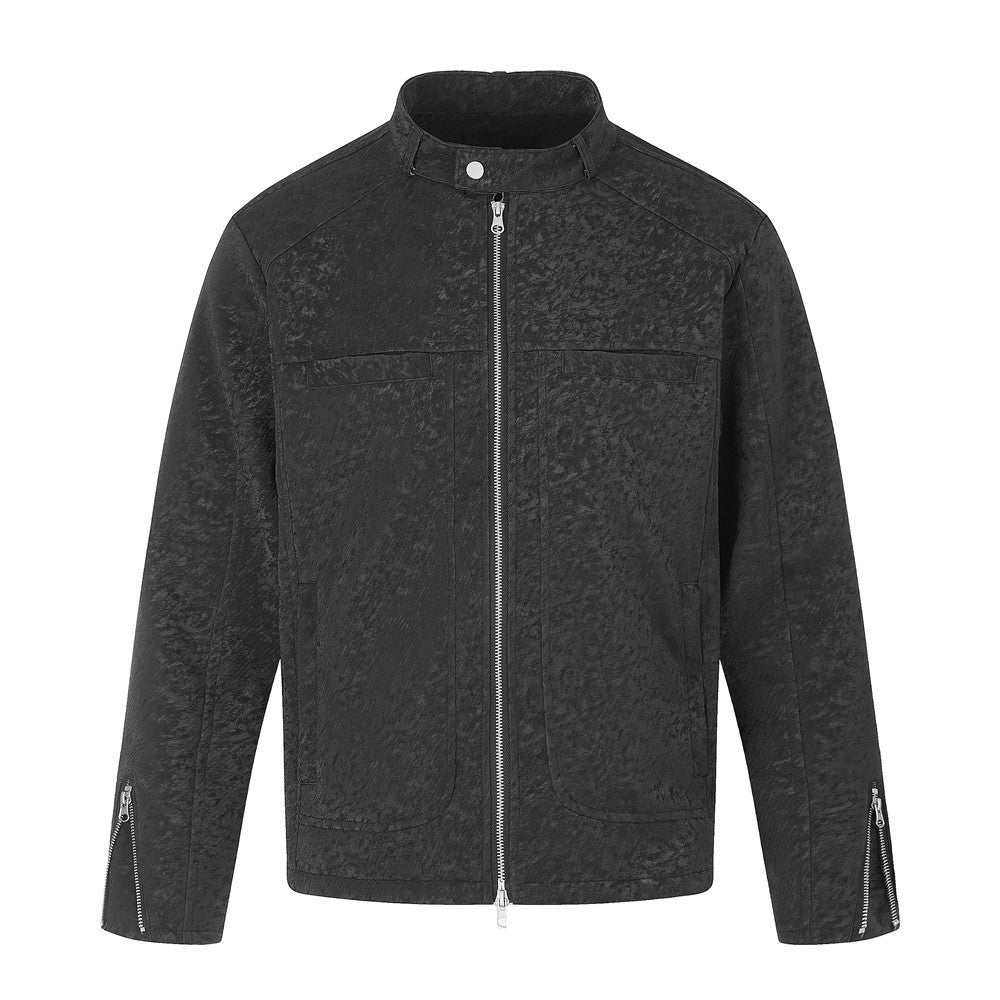 Men's black textured stand-collar moto zip jacket, front and back view