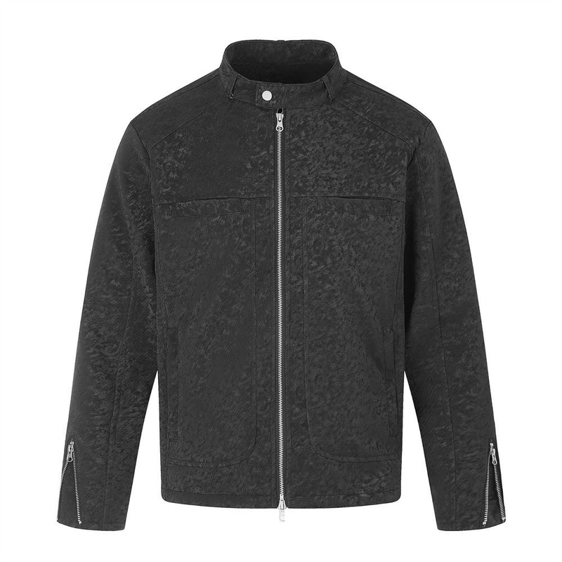 Men's black textured stand-collar moto zip jacket, front and back view