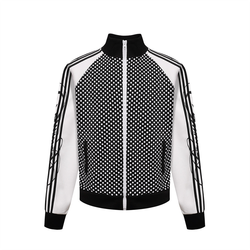 Men's Polka Dot Track Jacket – Stand Collar Full-Zip Sport Coat with Stripe