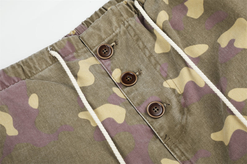 Camo Cargo Wide-Leg Pants – Vintage Washed, Multi-Pocket, Drawstring Waist