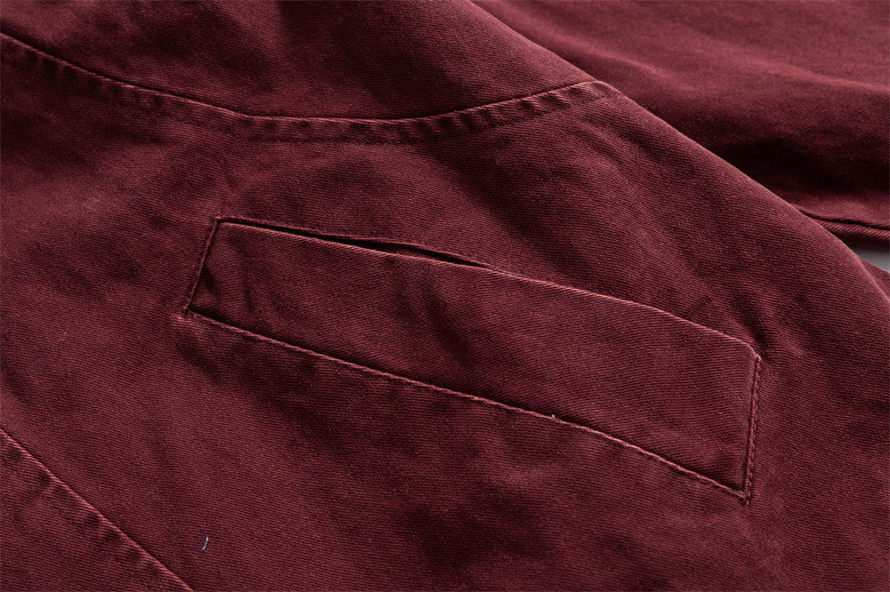 Men's Washed Denim Stand Collar Jacket with Metal Clasp