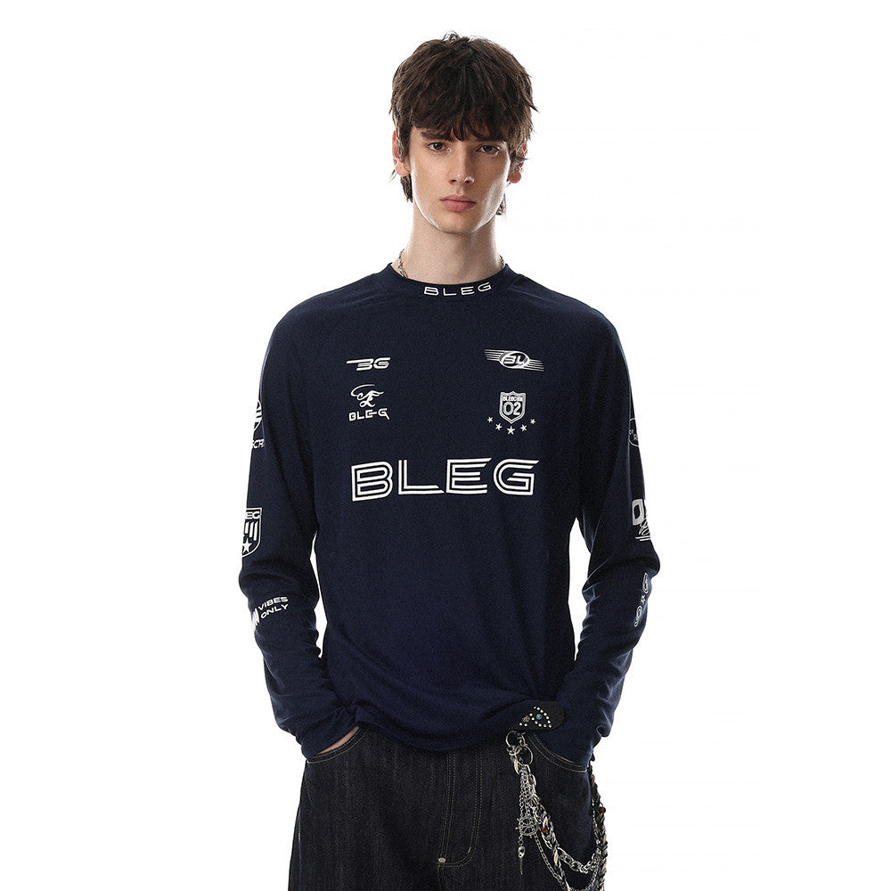 Front view of navy long sleeve crew neck shirt with white racing-style logo prints