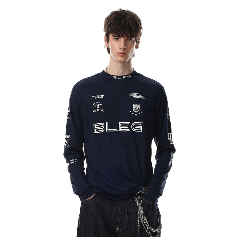 Front view of navy long sleeve crew neck shirt with white racing-style logo prints
