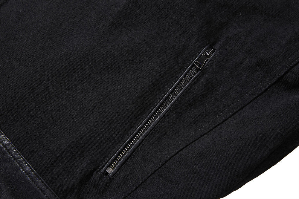 Men's Zip-Up Jacket – Black Moto Biker Style with Asymmetric Zip & Leather