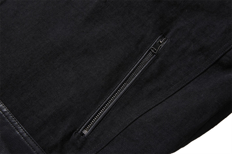 Men's Zip-Up Jacket – Black Moto Biker Style with Asymmetric Zip & Leather