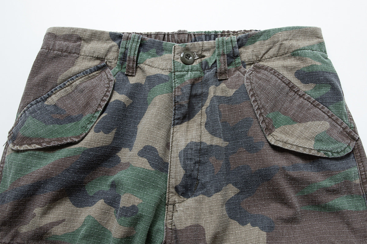 Woodland Camo Wide-Leg Cargo Pants – Washed Vintage Military Style