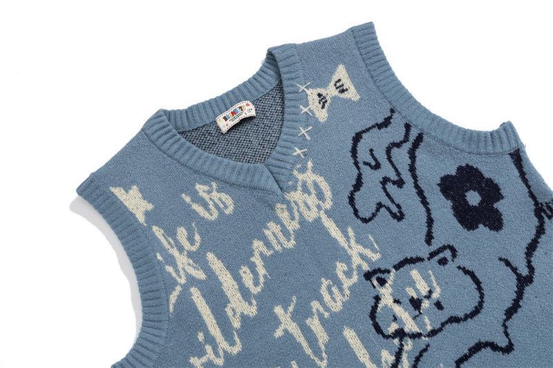 Pull col V homme en maille jacquard cartoon – Gilet oversize sans manches