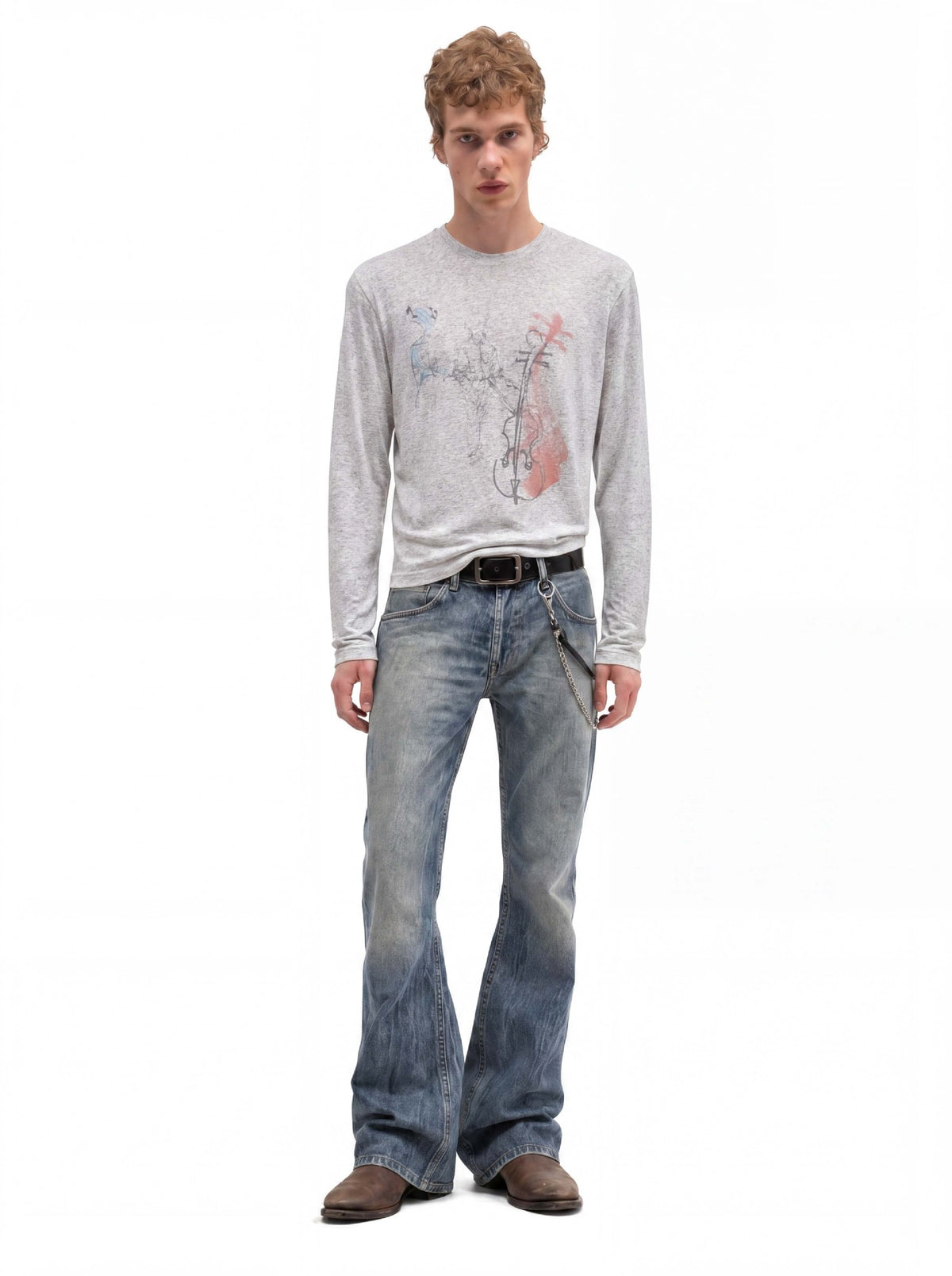 Long Sleeve Graphic Shirt – Cello Musician Sketch Print, Relaxed Fit