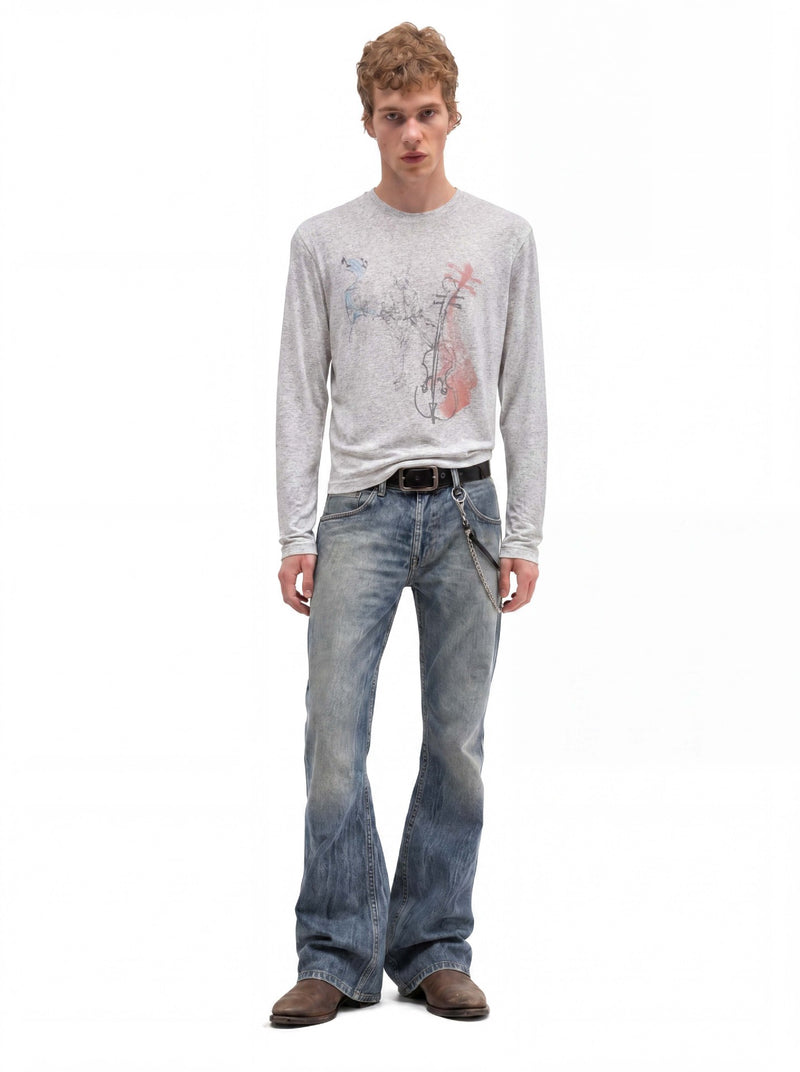 Long Sleeve Graphic Shirt – Cello Musician Sketch Print, Relaxed Fit