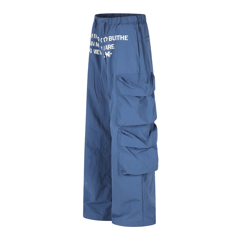 Wide-Leg Cargo Pants with Multi-Pocket Design & Letter Print Waistband