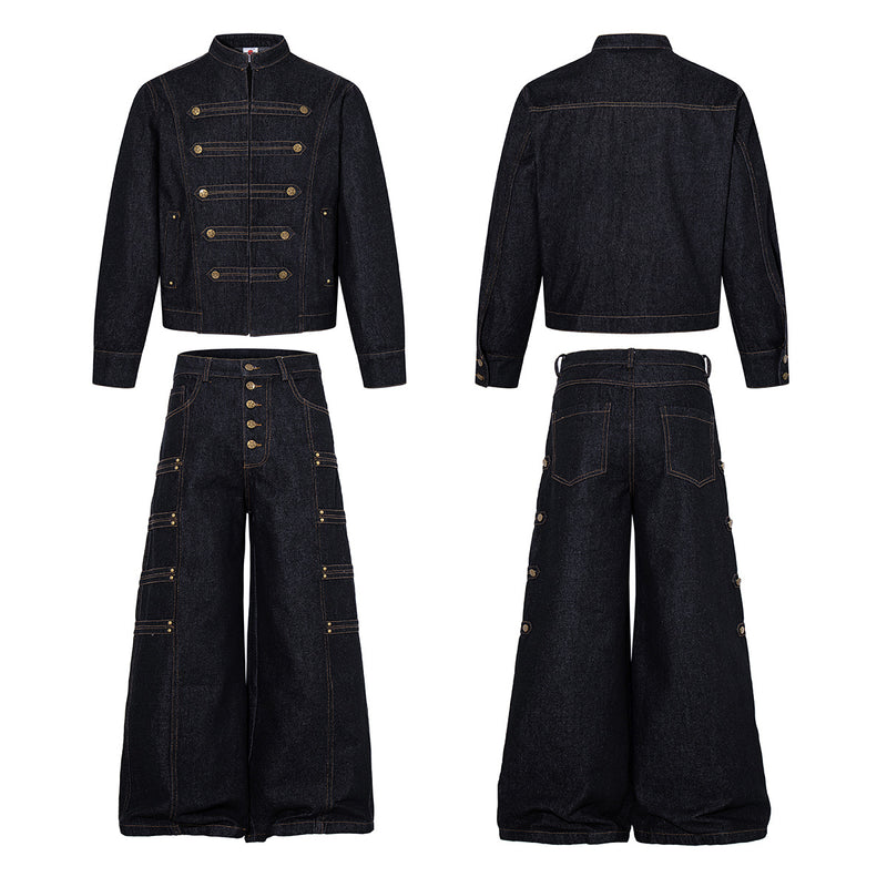 Jean brut baggy à jambes larges, pantalon cargo avec braguette à boutons dorés et détails cloutés