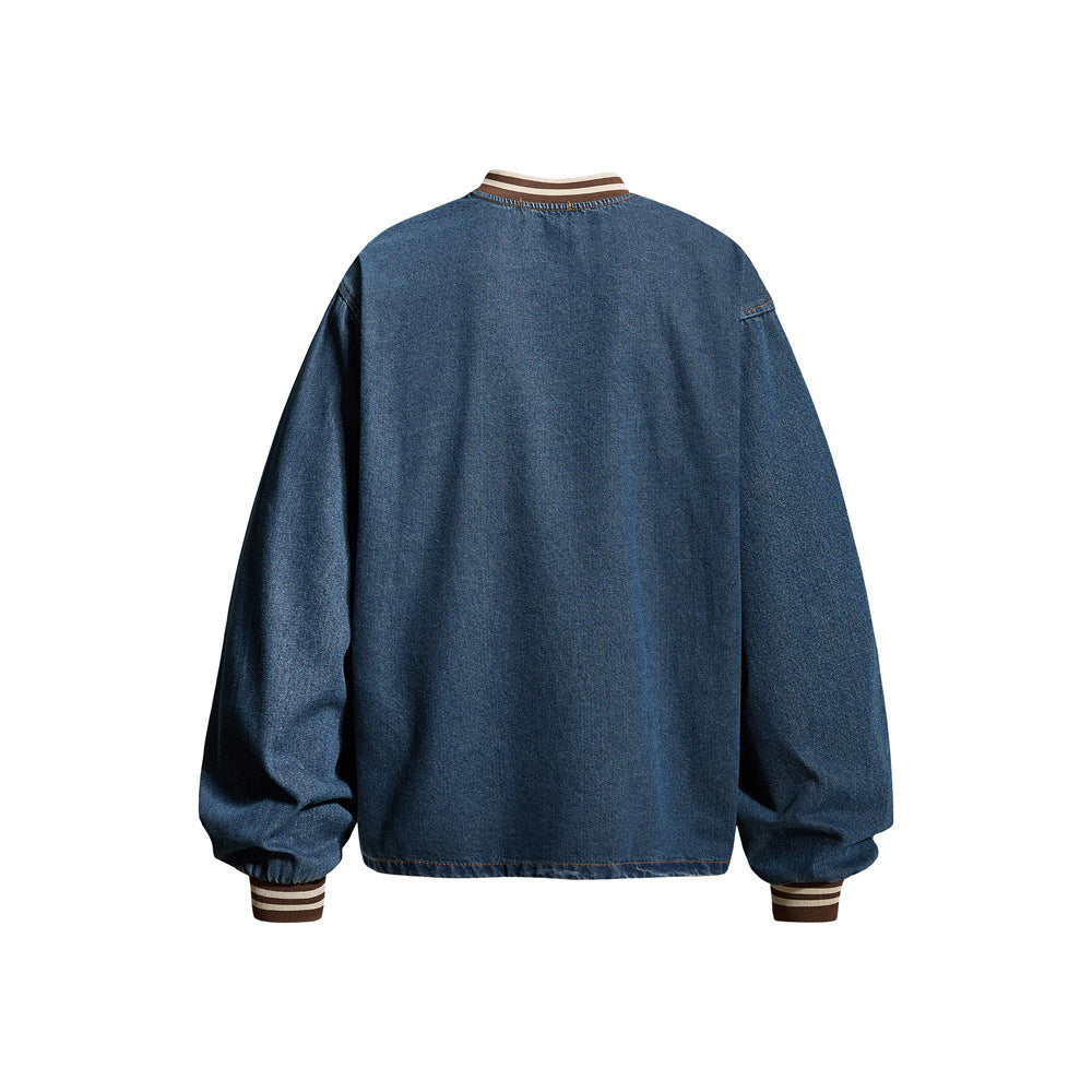 Vintage Washed Denim Sweatshirt – V-Neck Baseball Embroidery Oversized Pullover
