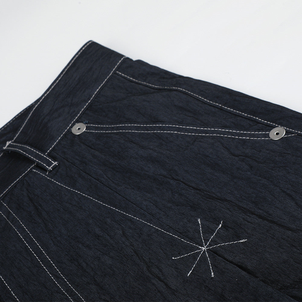 Wide-Leg Denim Pants with Contrast Stitching and Star Tack Details