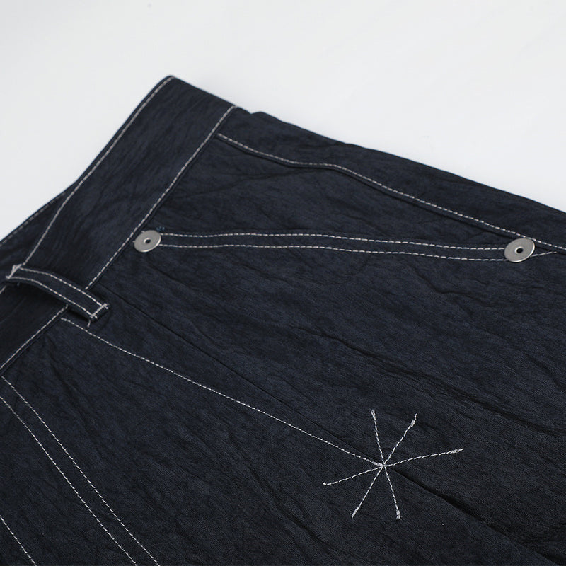 Wide-Leg Denim Pants with Contrast Stitching and Star Tack Details