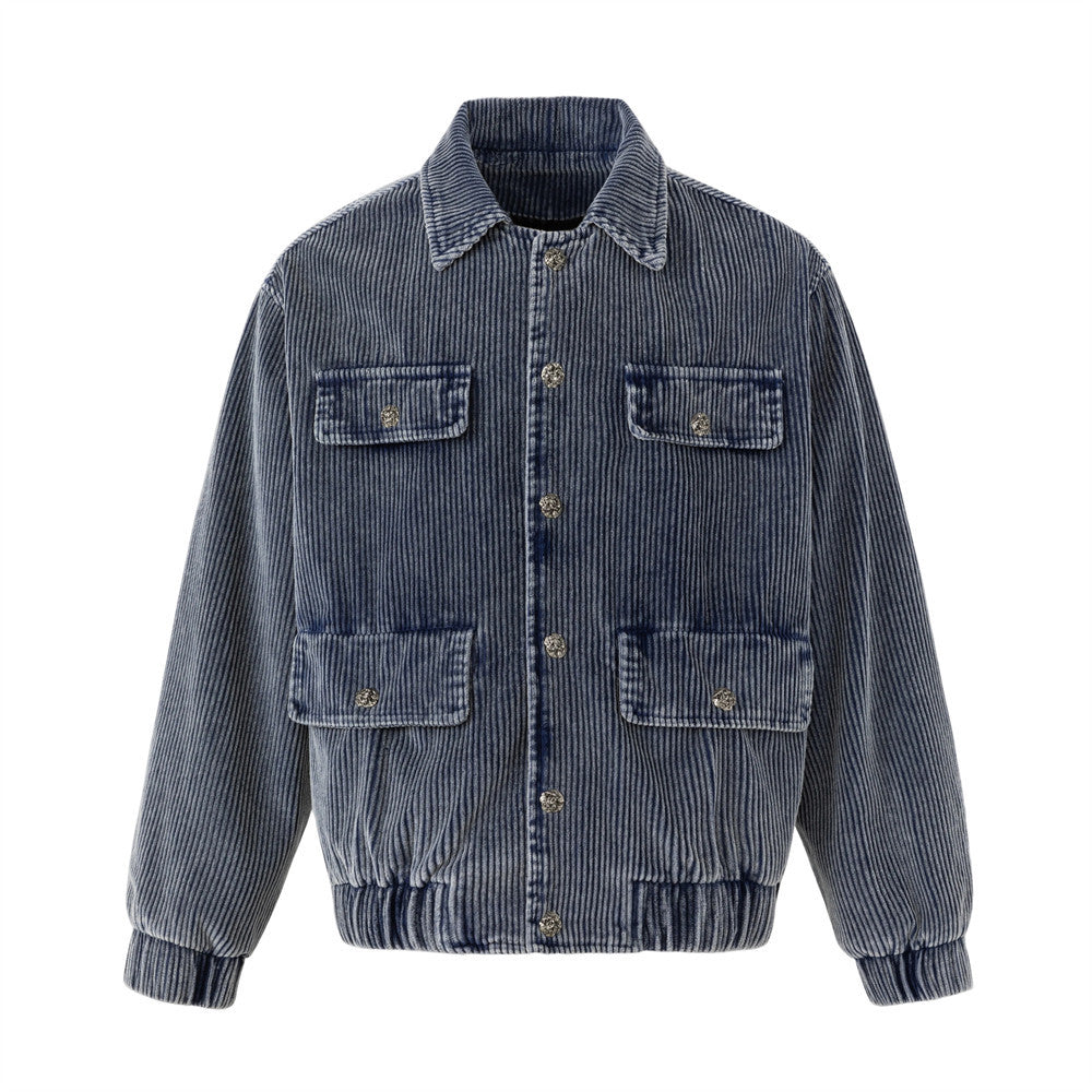 Men's washed blue-grey wide-wale corduroy bomber jacket with four patch pockets and gold metal buttons, front and back view