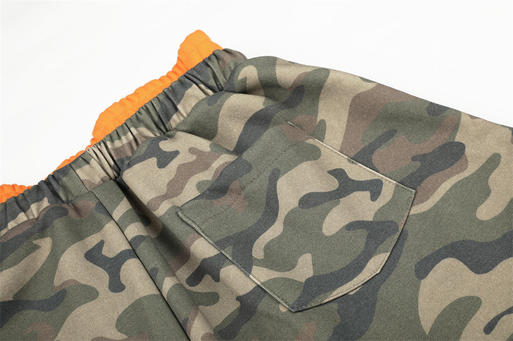 Camo Wide-Leg Sweatpants with Colorblock Orange Waistband and Patches