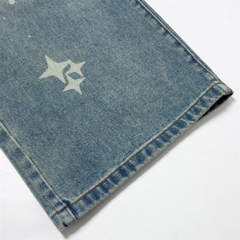 Jeans Star Print Baggy Wide-Leg Men – Washed Light Blue Straight Trousers