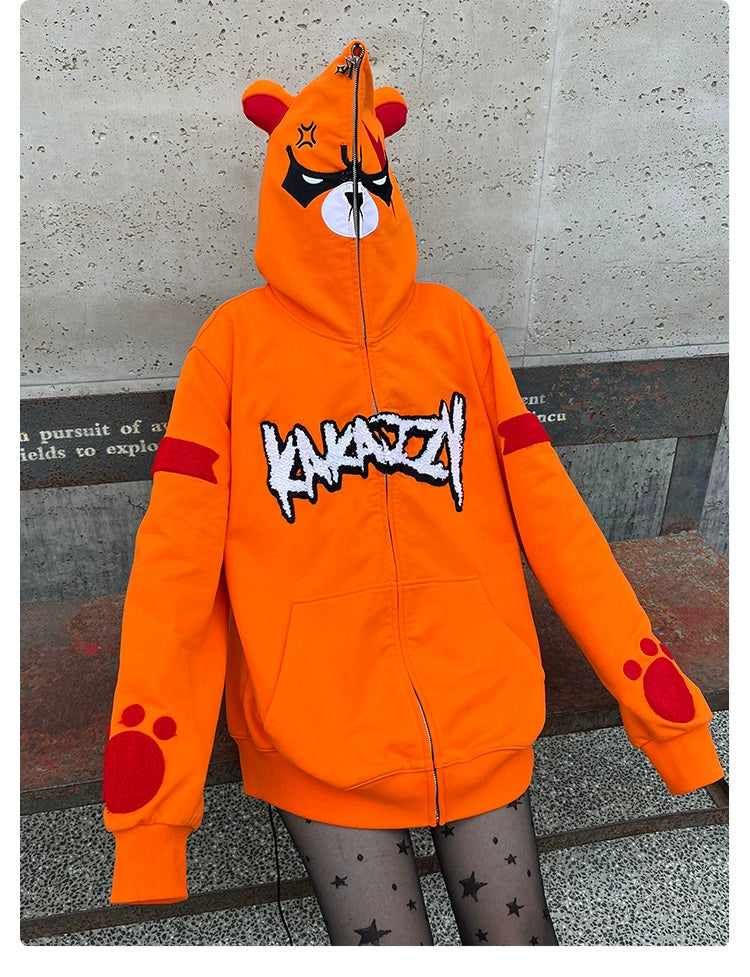 Furious Orange Bear Hoodie - 400GSM Angry Bear Design with Red Embroidery