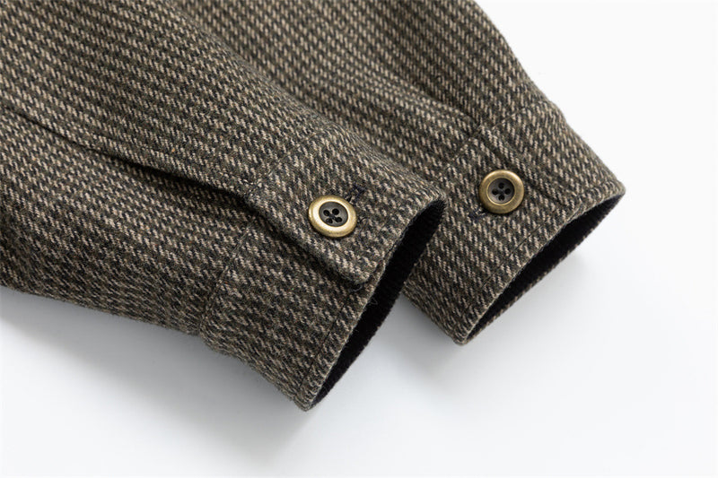 Men's Houndstooth Tweed Jacket – Stand Collar, Multi-Pocket Workwear Coat