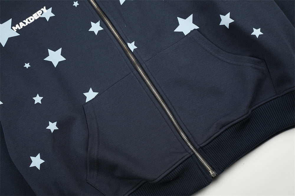 Hoodie mit Sternenprint, Reißverschluss und Kunstfellkapuze – Oversize-Streetwear-Cardigan