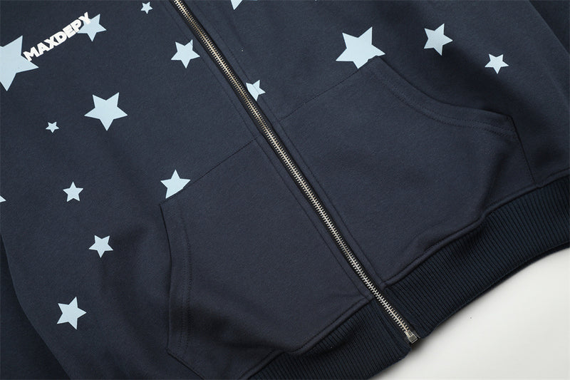 Hoodie mit Sternenprint, Reißverschluss und Kunstfellkapuze – Oversize-Streetwear-Cardigan