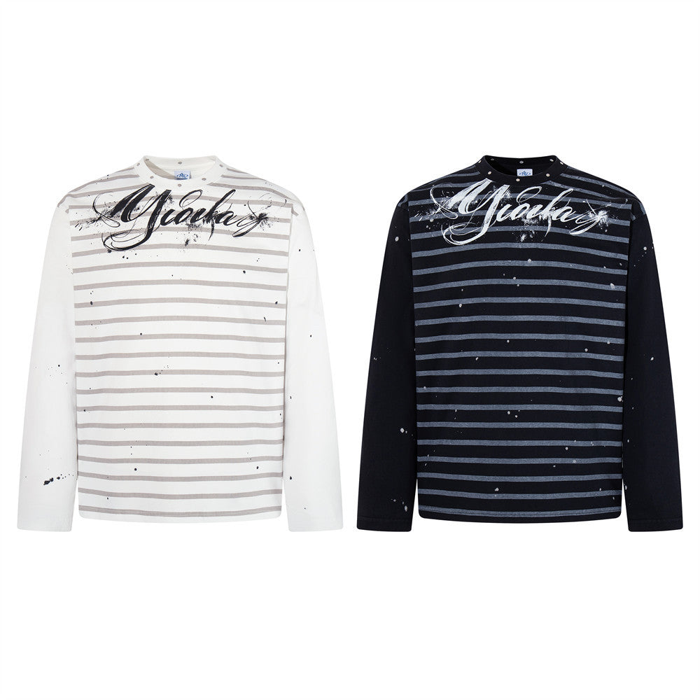 Oversized T-Shirt Men Striped Long Sleeve Paint-Splatter Script Logo Tee